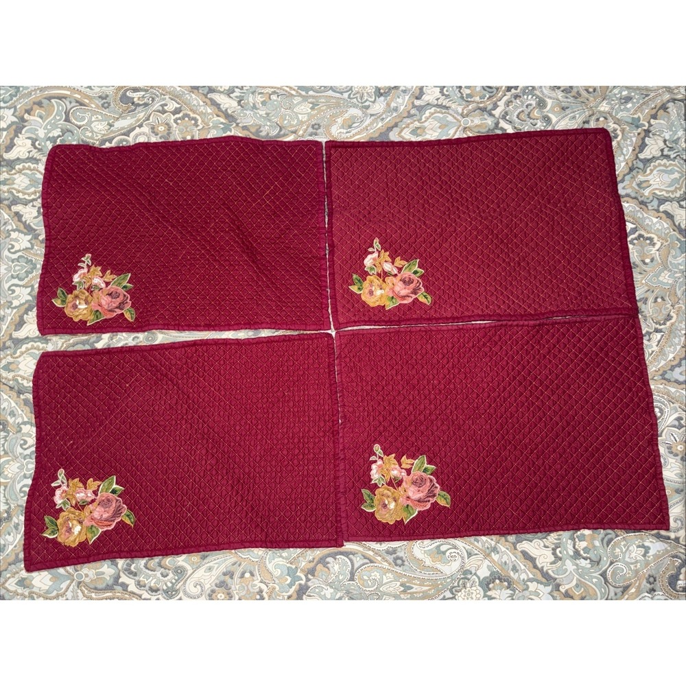 burgundy  quilted placemats Rose Floral Embroidery‎ Set Of 4 Valentines